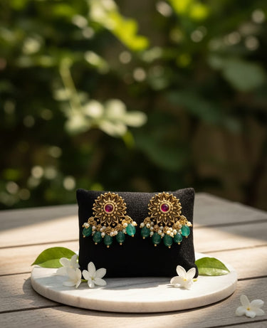 Green Beads Flower Earrings
